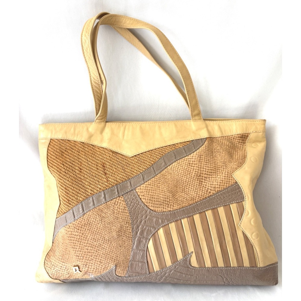 Large VTG 80's Abstract Boho Carlo Valenti Genuine Taupe and Beige Leather Bag